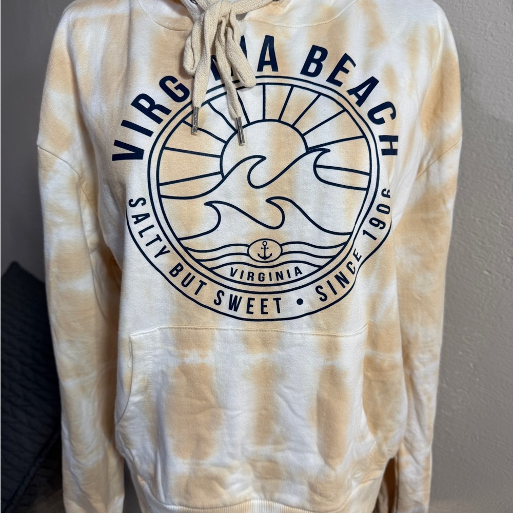 Bebe Sport Virginia Beach Hoodie Large Tan Tie Dye Pullover Salty but sweet
